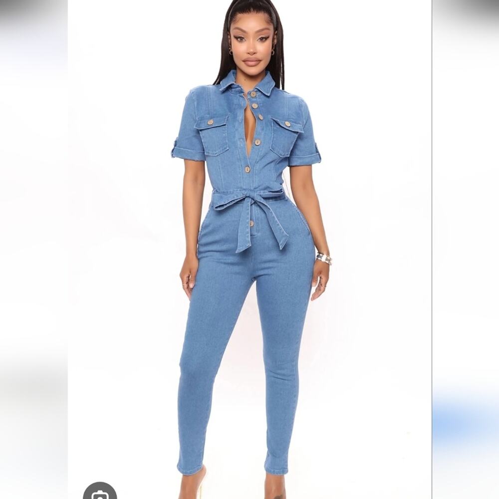 Haute Monde Denim Jumpsuit Short Sleeve Stretchy With Belt